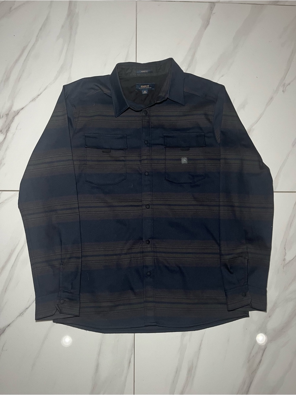 Roark Pearl Snap Button-Up Shirt with Subtle Horizontal Stripes - Navy & Brown